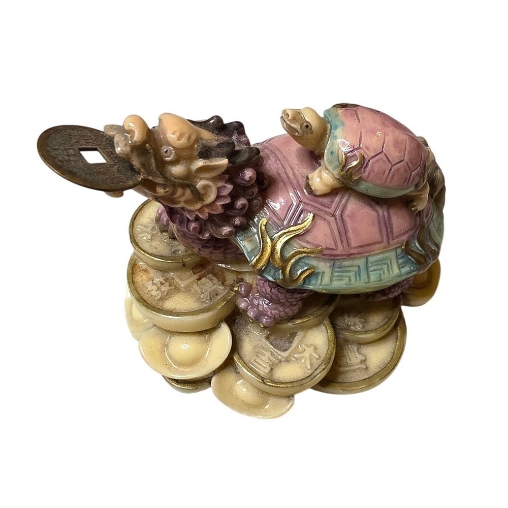Vintage Feng Shui Dragon Turtle Figurine Pink Purple Baby Turtle Wealth Coins E2